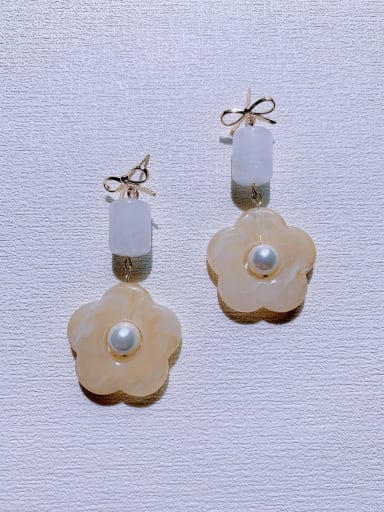 ER-069 Brass Natural  Gemstone Crystal Flower Minimalist Handmade Beaded Drop Earring