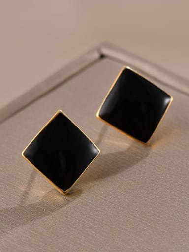 custom Brass Black Enamel Square Minimalist Stud Earring