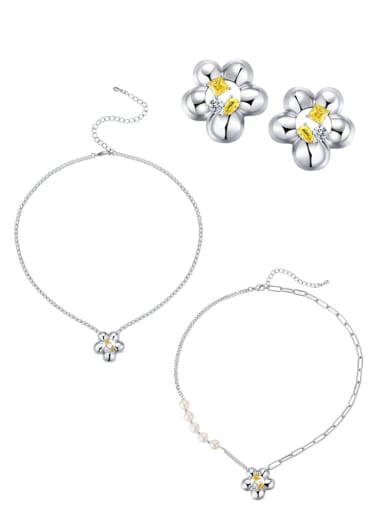 Minimalist Flower Brass Cubic Zirconia White Stone Earring and Necklace Set