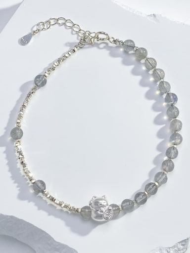 925 Sterling Silver Natural Stone Gray Cat Dainty Handmade Beaded Bracelet
