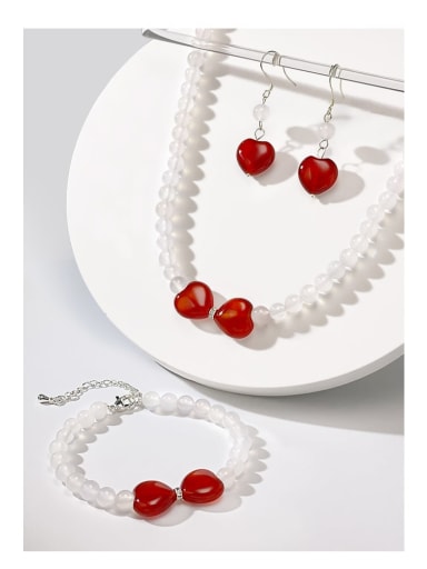 Minimalist Heart Brass Carnelian White Stone Earring Bracelet and Necklace Set