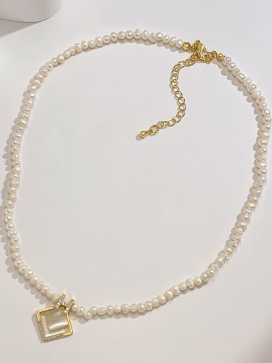 Brass Freshwater Pearl White Geometric Minimalist Beaded Necklace