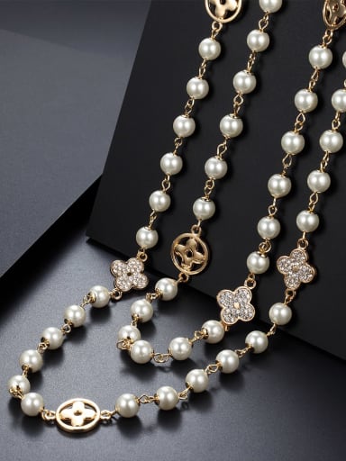 Brass Imitation Pearl White Clover Minimalist Long Strand Necklace