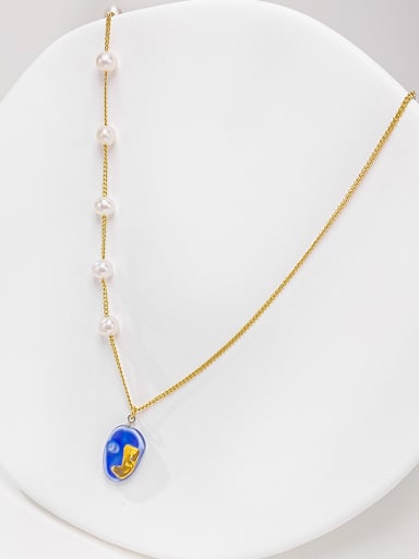 Brass Freshwater Pearl Blue Ceramic Dainty Link Necklace
