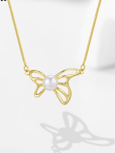 Brass Freshwater Pearl White Butterfly Minimalist Link Necklace