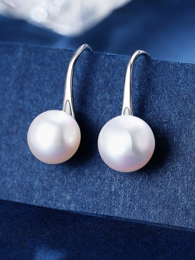 925 Sterling Silver Freshwater Pearl White Round Minimalist Hook Earring