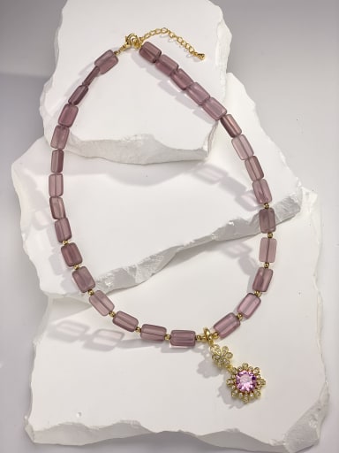 Sunflower Brass Glass Stone Purple Stone Geometric Dainty Bib Necklace