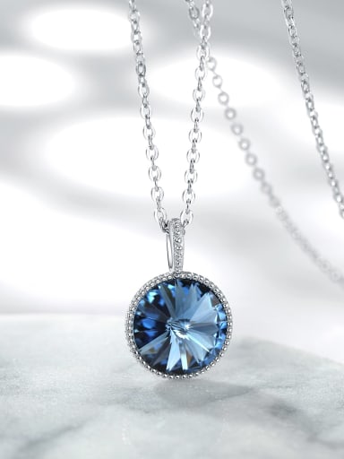 925 Sterling Silver Austrian Crystal Blue Round Minimalist Necklace