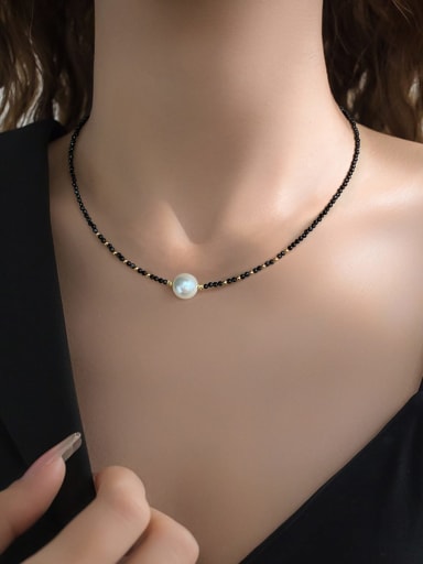 Brass Miyuki Millet Bead Black Stone Water Drop Minimalist Beaded Necklace