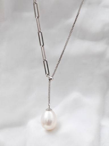 925 Sterling Silver Freshwater Pearl White Water Drop Minimalist Lariat Necklace