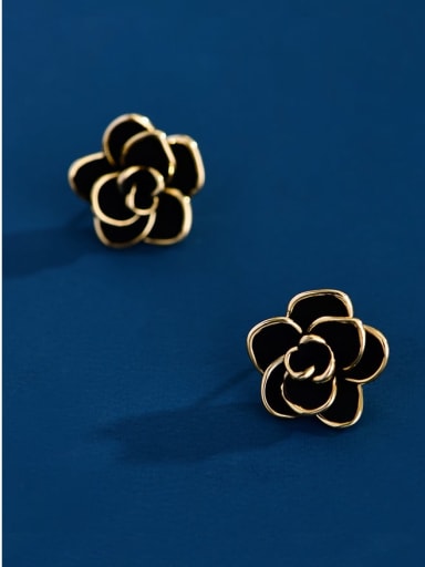 Brass Black Enamel Flower Minimalist Stud Earring