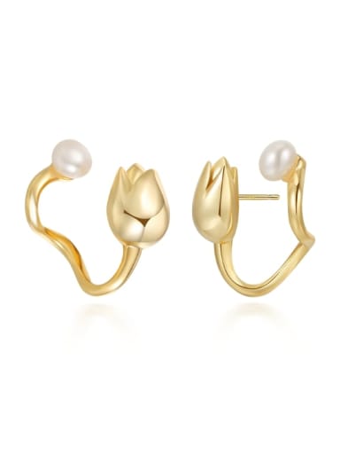 Brass Freshwater Pearl White Flower Minimalist Stud Earring