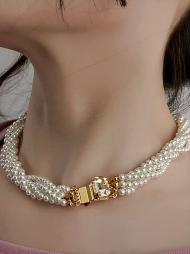 Brass Synthetic Crystal White Glass beads Geometric Dainty Bib Necklace
