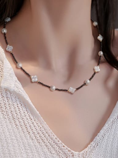 925 Sterling Silver Imitation Pearl White Clover Minimalist Choker Necklace