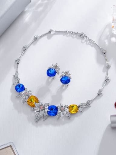 Statement Flower Tin Alloy Glass Stone Blue Earring and Necklace Set
