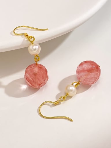 Brass Glass Stone Pink Ball Minimalist Drop Earring