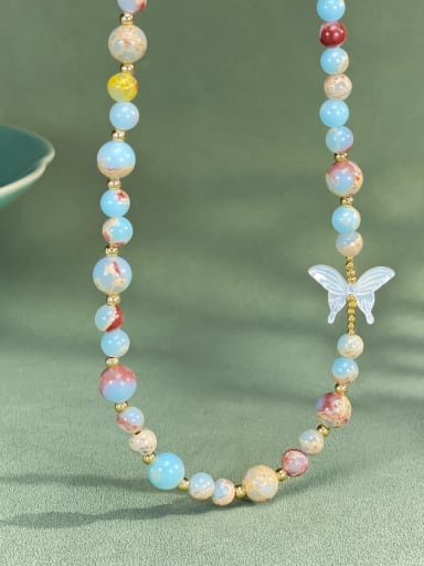 Brass Multi Color Stone Butterfly Minimalist Beaded Necklace