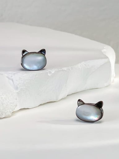 925 Sterling Silver Shell Black Cat Minimalist Stud Earring