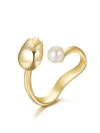 custom Brass Freshwater Pearl White Flower Minimalist Band Ring