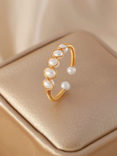 Brass Freshwater Pearl White Round Minimalist Band Ring