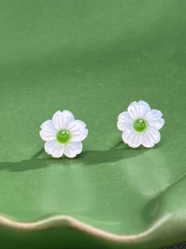 925 Sterling Silver Natural Stone Green Stone Flower Minimalist Stud Earring