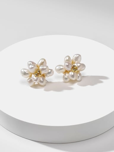 Brass Freshwater Pearl White Lace Flower Minimalist Stud Earring