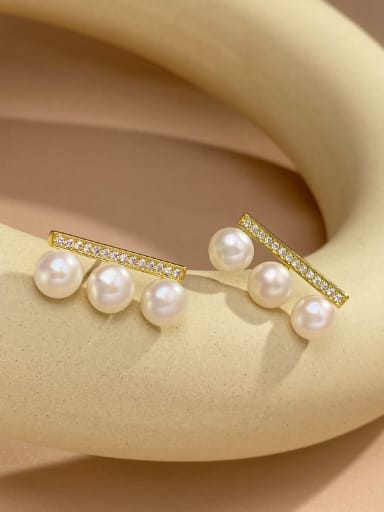 Brass Freshwater Pearl White Rectangle Minimalist Stud Earring