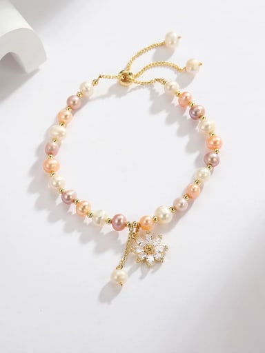 Brass Freshwater Pearl Gold Flower Minimalist Adjustable Bracelet