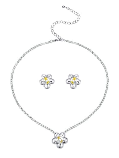 Minimalist Flower Brass Cubic Zirconia Yellow Earring and Necklace Set