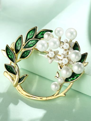 Brass Imitation Pearl Green Enamel Flower Minimalist Pins & Brooches