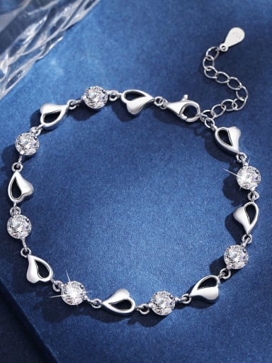 925 Sterling Silver Cubic Zirconia White Heart Minimalist Link Bracelet