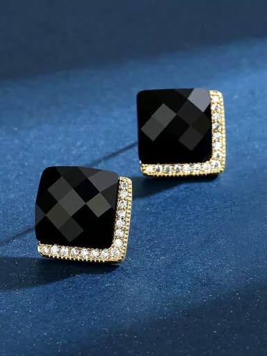 custom Brass Glass Stone Black Square Minimalist Stud Earring