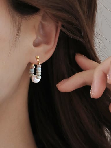 Blue Brass Miyuki Millet Bead Multi Color Stone Minimalist Huggie Earring
