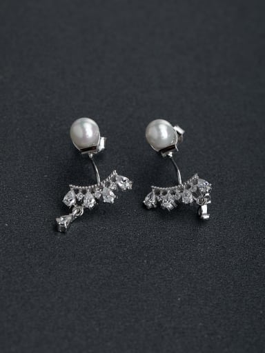 Micro inlay Rhinestone Crown Imitation pearls 925 silver Stud earrings