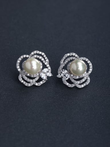 Micro inlay Zircon flower Imitation pearls 925 silver Stud earrings