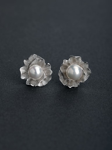 Retro style flower Imitation pearls 925 silver Stud earrings