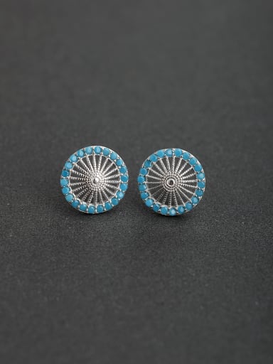 Personality blue Micro inlay Zircon round  925 silver Stud earrings