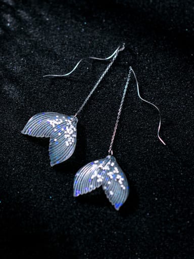925 Sterling Silver With Platinum Plated Simplistic Transparent Fishtail Waves Threader Earrings