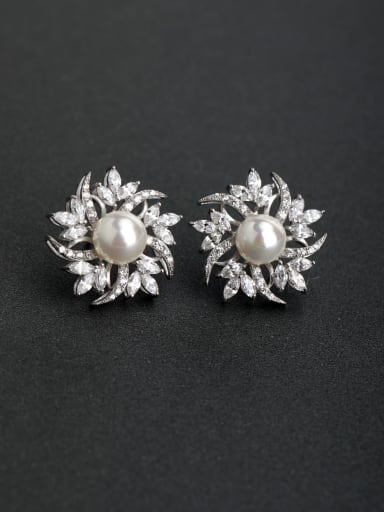 Micro inlay Zircon flower Imitation pearls 925 silver Stud earrings