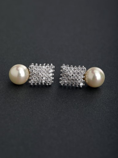 Rectangle Full drill Imitation Pearl 925 silver Stud earrings