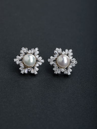 Micro inlay Zircon flower Imitation pearls 925 silver Stud earrings