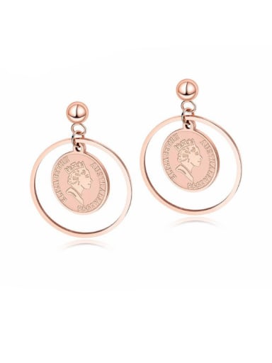Stainless Steel With Rose Gold Plated Exaggerated Round with queen Drop Earrings