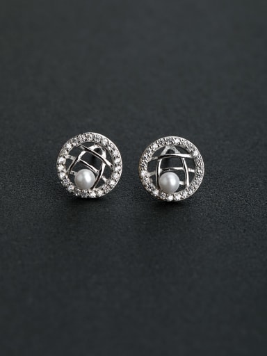 Micro inlay Rhinestone round Imitation pearls 925 silver Stud earrings