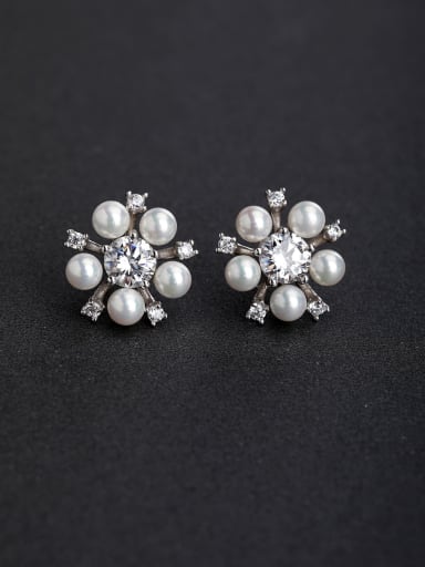 Micro inlay Rhinestone round Imitation pearls flower 925 silver Stud earrings