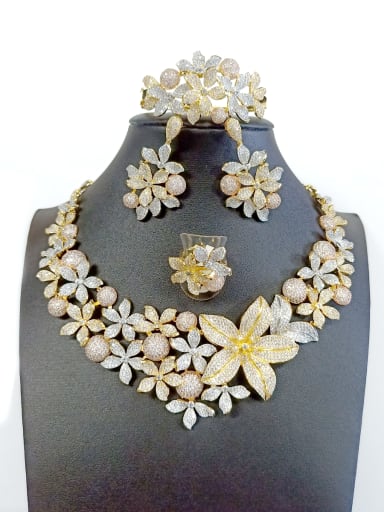 GODKI Luxury Women Wedding Dubai Copper With Gold Plated Fashion Flower 4 Piece Jewelry Set