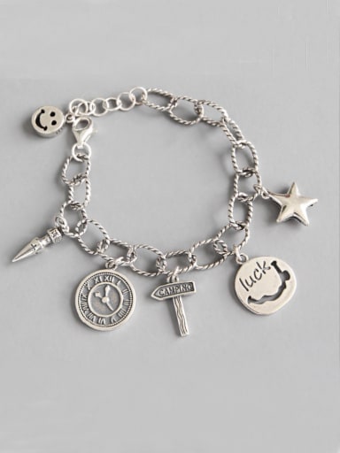 925 Sterling Silver With Antique Silver Plated cross round smile and luck Charm Bracelets