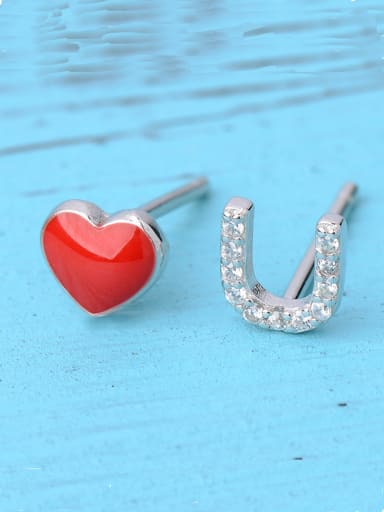 Mother's Initial Red Studs stud Earring with Heart Enamel