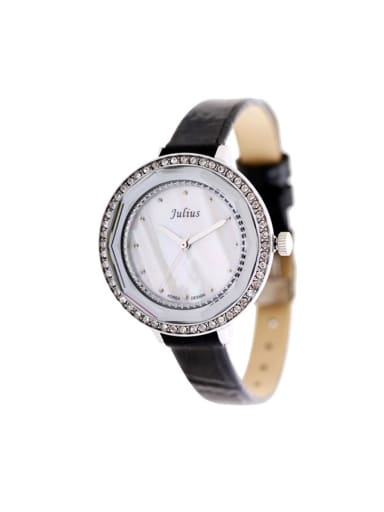 Fashion Black Alloy Japanese Quartz Round Genuine Leather Women's Watch 24-27.5mm