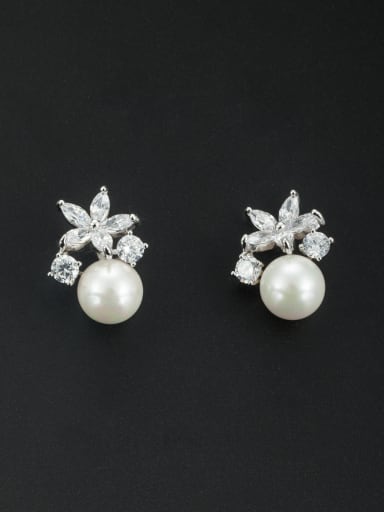 Mother's Initial White Studs stud Earring with Flower Pearl