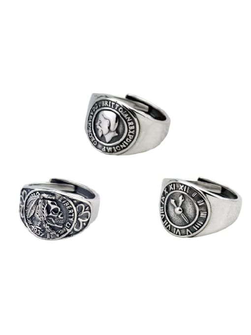 SHUI Vintage Sterling Silver With Antique Silver Plated Vintage Round Image Free Size Rings 0